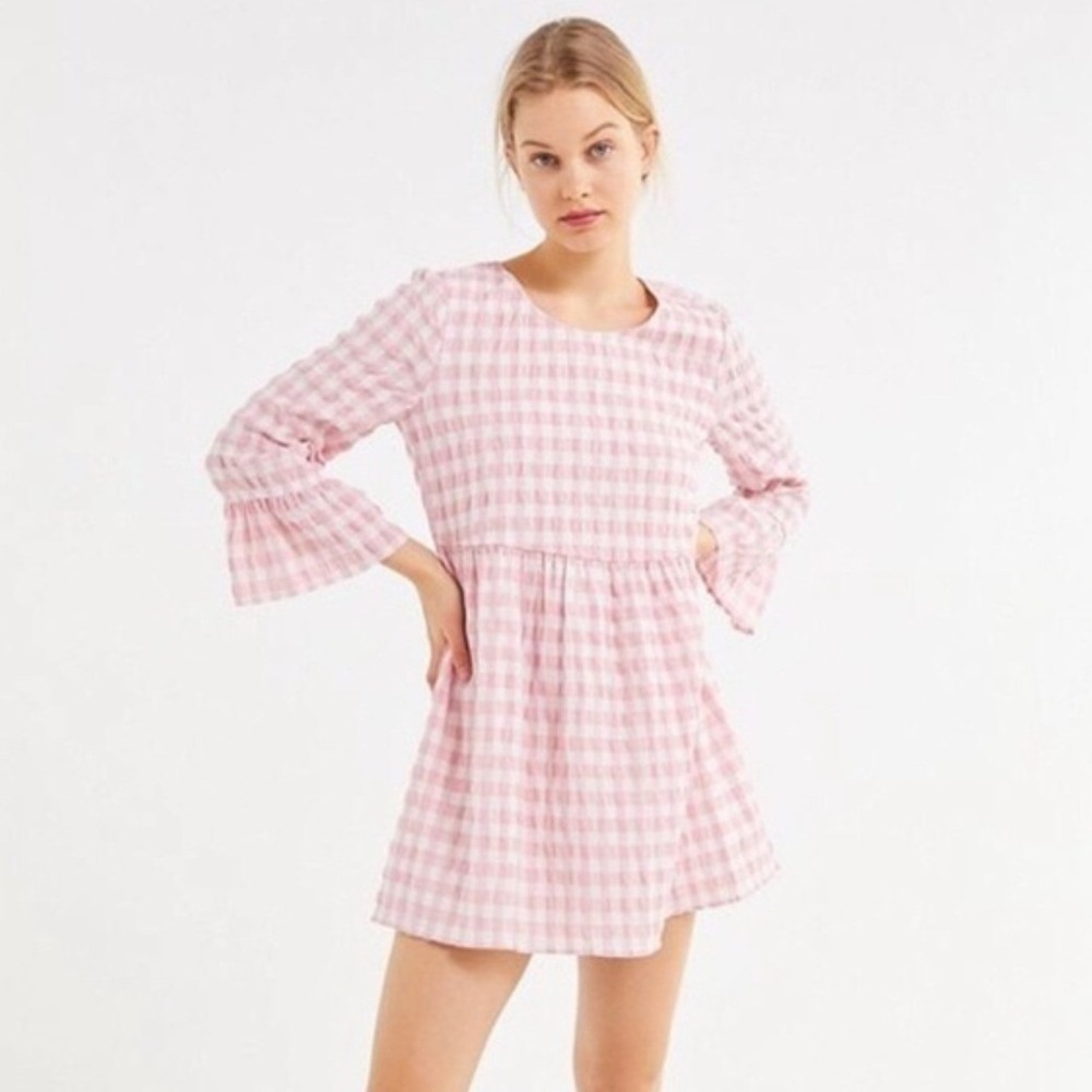 Urban Outfitters Gingham Mini Dress Pink White Size Small Fairy Barbie Whimsical